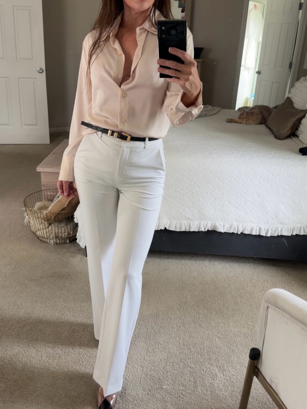 Satin Button-Down Shirt — Pale Blush